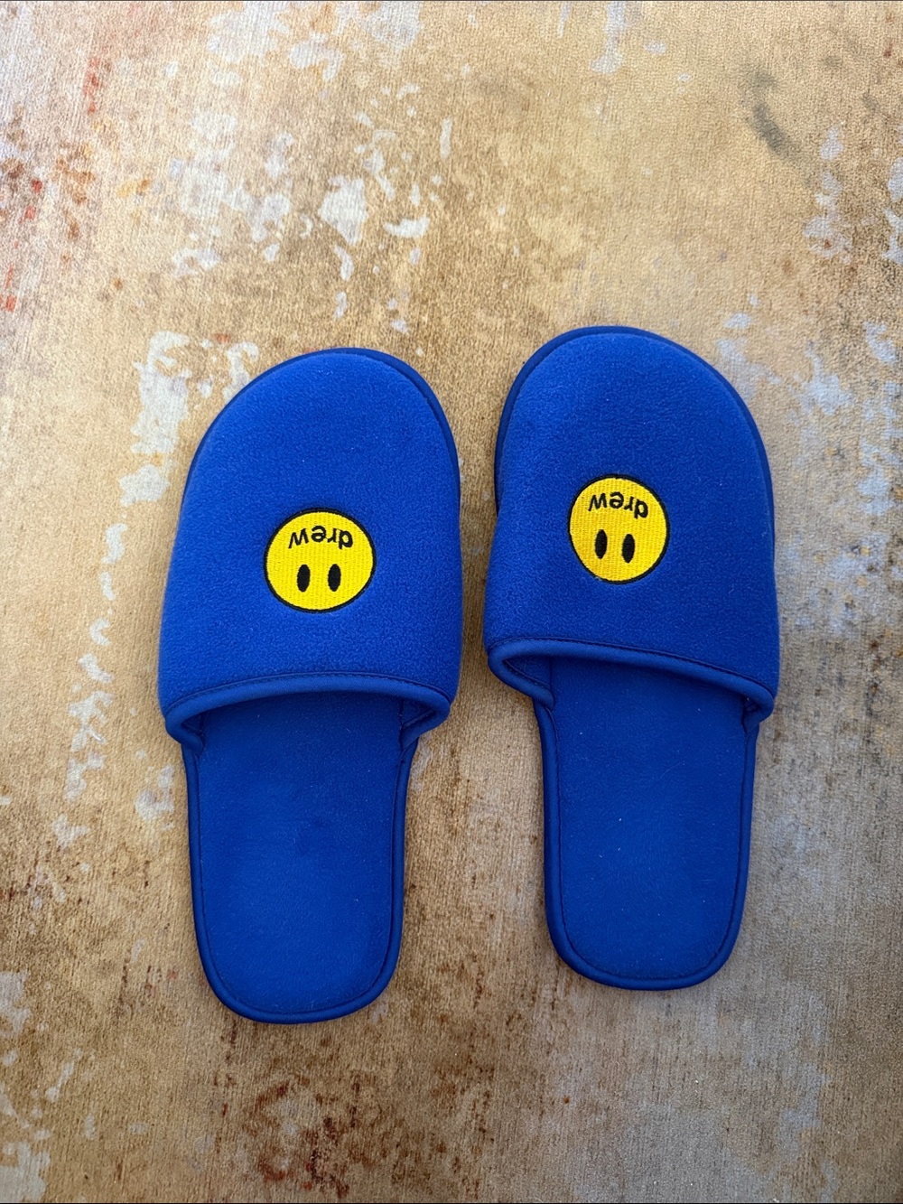 DREW House Royal Blue Slide Slippers with Yellow Smiley Logo